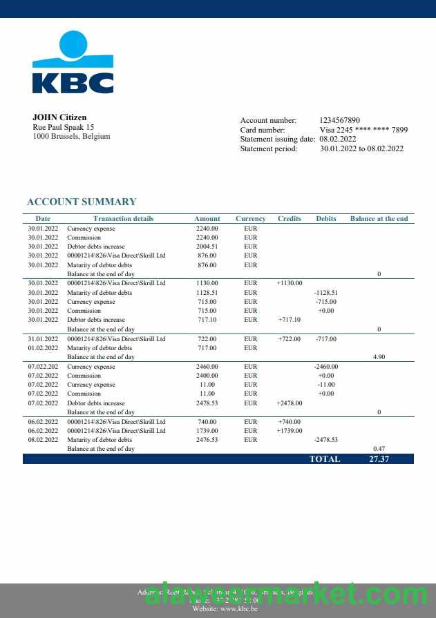 Belgium KBC bank statement